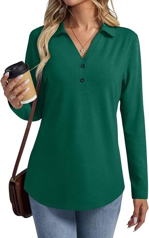 Women's Collared V Neck Tops Long Sleeve Shirts Button Basic Casual Tunic Blouses in Saudi Arabia