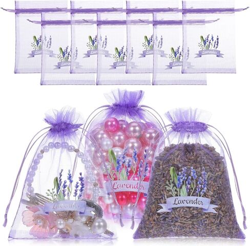 PRETYZOOM 10pcs Lavender Sachet Bags Empty Drawstring Mesh Bags for Storing Dried Lavender Petals Jewelry Elegant Organza Design for Home Decor and Present in Saudi Arabia