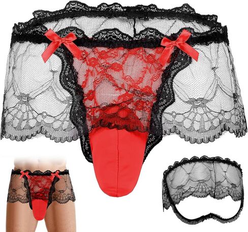 سراويل داخلية سيسي للرجال مع فيونكات، ملابس داخلية مثيرة من الدانتيل للرجال، ملابس داخلية للرجال Femboy شبكية مكشكشة (34-42) in Kuwait