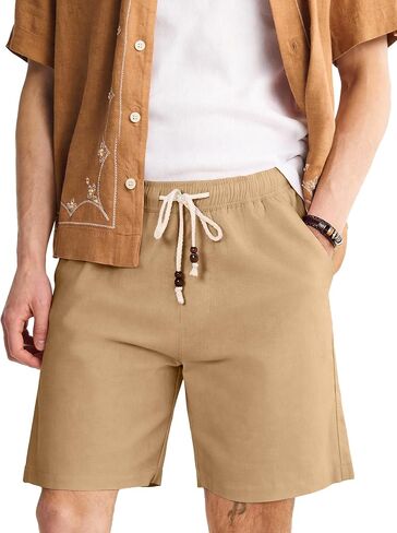 Comdecevis Mens Stretch Cotton Linen Easy Shorts 7" Casual Lightweight Summer Beach Shorts with Elastic Waist in Kuwait