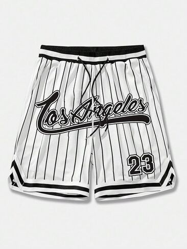 Men Striped Letter Casual Graphic Drawstring Waist Mesh Shorts in Saudi Arabia