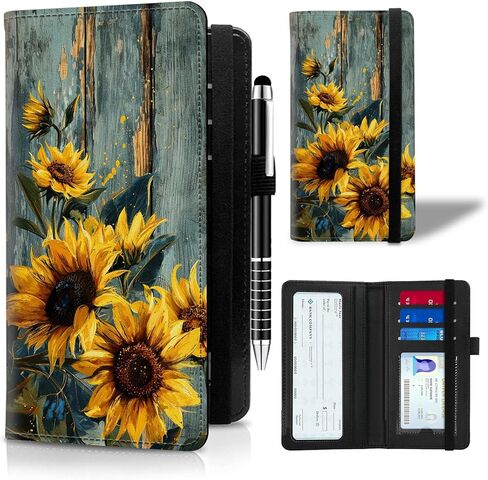 Leather Checkbook Cover for Men Women Personal Checkbook Holder RFID Blocking Check Book Holder Cover for Duplicate Checks,with A Pen,Green Wood Sunflower in Saudi Arabia