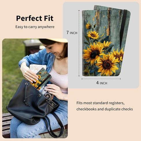 Leather Checkbook Cover for Men Women Personal Checkbook Holder RFID Blocking Check Book Holder Cover for Duplicate Checks,with A Pen,Green Wood Sunflower in Saudi Arabia