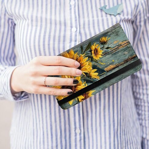 Leather Checkbook Cover for Men Women Personal Checkbook Holder RFID Blocking Check Book Holder Cover for Duplicate Checks,with A Pen,Green Wood Sunflower in Saudi Arabia