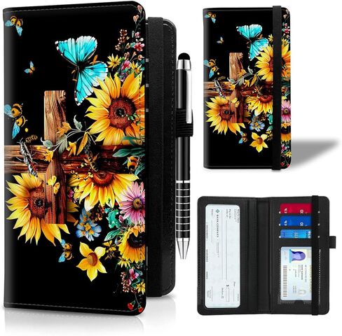 Leather Checkbook Cover for Men Women Personal Checkbook Holder RFID Blocking Check Book Holder Cover for Duplicate Checks,with A Pen,Green Wood Sunflower in Saudi Arabia