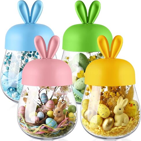 Mimorou 8 Pcs Easter Plastic Jar with Rabbit Ear Cap Clear Candy Jar Decorations Food Storage Canister for Easter Party Gift Chocolate Candy Sweets Mini Eggs Table Decoration in Saudi Arabia