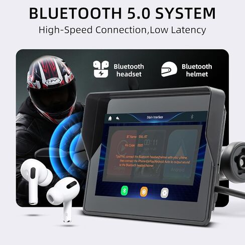 نظام ملاحة GPS Carplay مقاس 5 بوصة للدراجات النارية مع Carplay/Android Auto، مقاومة للماء IP67، شاشة لمس عالية الدقة، سهلة التركيب، تدعم بلوتوث مزدوج، ملاحة، تحكم صوتي in Kuwait