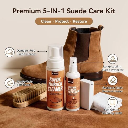 Suede and Nubuck Shoe Cleaner Kit, 5-in-1 Cleaning and Protector Spray with Suede Brush & Eraser, Cloth, Safely Clean, Protect & Restore Shoes, Boots, Uggs, Furniture, Jackets, Bags and Car Seats in Kuwait