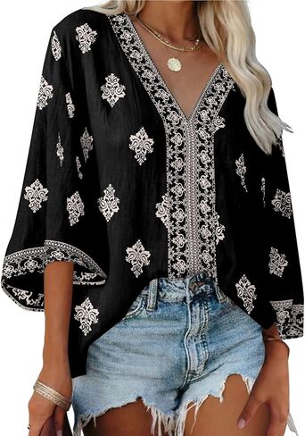 SHEWIN Womens Summer Tops Casual Floral Print Deep V Neck 3/4 Sleeve Blouses Dressy Boho Vacation Tunic Tops in Saudi Arabia