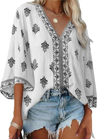 SHEWIN Womens Summer Tops Casual Floral Print Deep V Neck 3/4 Sleeve Blouses Dressy Boho Vacation Tunic Tops in Kuwait