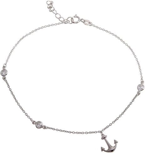 CloseoutWarehouse Clear Cubic Zirconia Link Anchor Anklet Rhodium Plated Sterling Silver in Saudi Arabia