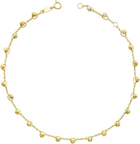 LoveBling 10k Yellow Gold 0.50mm Diamond Cut Rolo with Large Moon Cut Beads Anklet, Adjustable 9" - 10" (#105) in Saudi Arabia