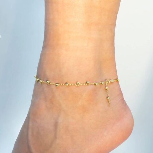LoveBling 10k Yellow Gold 0.50mm Diamond Cut Rolo with Large Moon Cut Beads Anklet, Adjustable 9" - 10" (#105) in Saudi Arabia