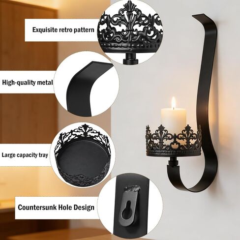 Set of 2 Black Metal Wall Candle Sconces, Rustic Farmhouse Candle Holders with 4" Tray for Living Room, Fireplace, Hallway - Gothic Style Wall Decor (2, Black-13.8"×3.93") in Kuwait
