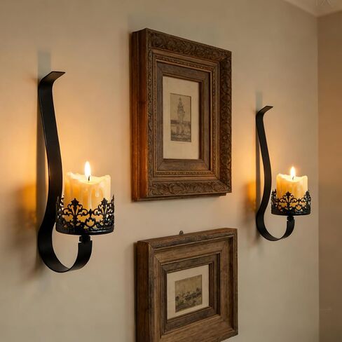 Set of 2 Black Metal Wall Candle Sconces, Rustic Farmhouse Candle Holders with 4" Tray for Living Room, Fireplace, Hallway - Gothic Style Wall Decor (2, Black-13.8"×3.93") in Kuwait