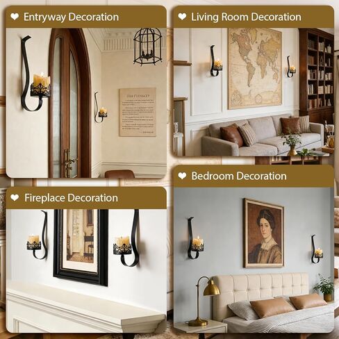 Set of 2 Black Metal Wall Candle Sconces, Rustic Farmhouse Candle Holders with 4" Tray for Living Room, Fireplace, Hallway - Gothic Style Wall Decor (2, Black-13.8"×3.93") in Kuwait