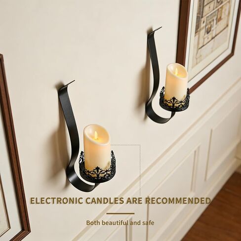 Set of 2 Black Metal Wall Candle Sconces, Rustic Farmhouse Candle Holders with 4" Tray for Living Room, Fireplace, Hallway - Gothic Style Wall Decor (2, Black-13.8"×3.93") in Kuwait