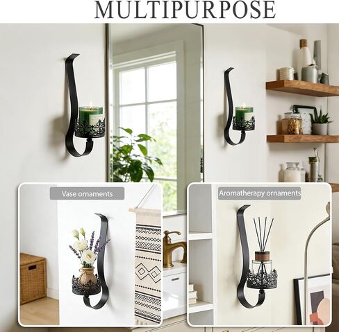 Set of 2 Black Metal Wall Candle Sconces, Rustic Farmhouse Candle Holders with 4" Tray for Living Room, Fireplace, Hallway - Gothic Style Wall Decor (2, Black-13.8"×3.93") in Kuwait