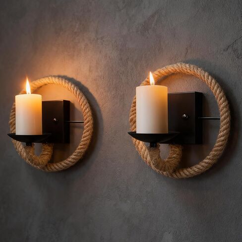 Hemp Rope Wall Sconce Candle Holder Set of 2, 9"×9" Industrial Farmhouse Vintage Style Handcrafted Wall Mount Candle Sconces for Living Room, Bedroom, Dining Room, Entryway (2, Round Hemp Rope) in Kuwait