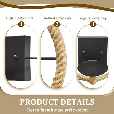 Hemp Rope Wall Sconce Candle Holder Set of 2, 9"×9" Industrial Farmhouse Vintage Style Handcrafted Wall Mount Candle Sconces for Living Room, Bedroom, Dining Room, Entryway (2, Round Hemp Rope) in Kuwait