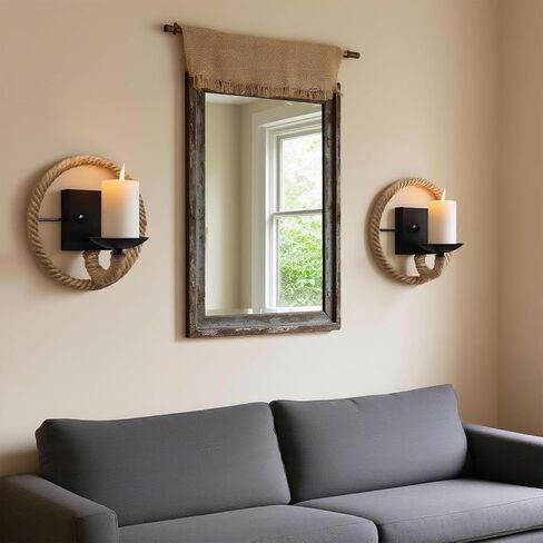 Hemp Rope Wall Sconce Candle Holder Set of 2, 9"×9" Industrial Farmhouse Vintage Style Handcrafted Wall Mount Candle Sconces for Living Room, Bedroom, Dining Room, Entryway (2, Round Hemp Rope) in Kuwait