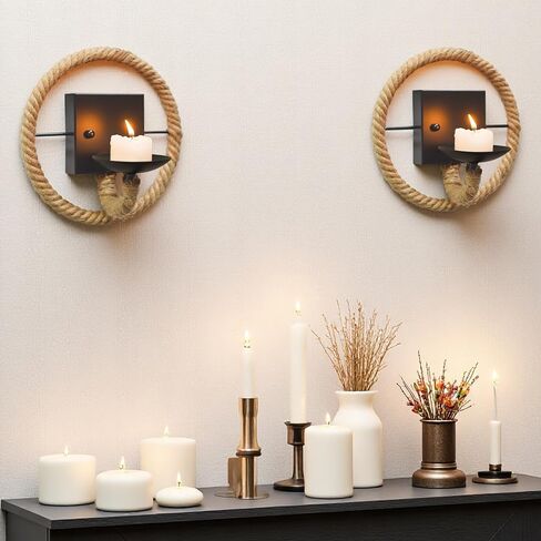 Hemp Rope Wall Sconce Candle Holder Set of 2, 9"×9" Industrial Farmhouse Vintage Style Handcrafted Wall Mount Candle Sconces for Living Room, Bedroom, Dining Room, Entryway (2, Round Hemp Rope) in Kuwait