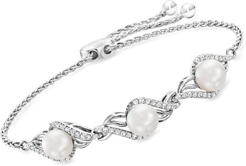 Ross-Simons 7-7.5mm Cultured Pearl and .40 ct. t.w. White Topaz Bolo Bracelet in Sterling Silver in Kuwait