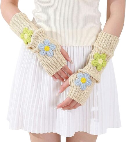 Cute Knitted Flower Arm Warmers, Kawaii Arm Warmers Y2K, Harajuku Fingerless Gloves for Women in Saudi Arabia