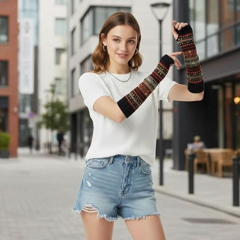 قفازات متماسكة بدون أصابع، تدفئة الذراع الدافئة مع فتحة الإبهام، نمط بوهيمي، قفازات شتوية نسائية قابلة للتمدد in Kuwait