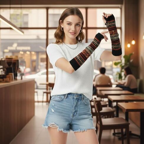 قفازات متماسكة بدون أصابع، تدفئة الذراع الدافئة مع فتحة الإبهام، نمط بوهيمي، قفازات شتوية نسائية قابلة للتمدد in Kuwait