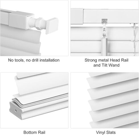 MYshade No-Drill Cordless Horizontal Mini Blinds – 47.5" W x 64" H Tool-Free Inside Mount Window Blinds with 1" Vinyl Slats, Light Filtering & Privacy, Child & Pet Safe, White in Saudi Arabia