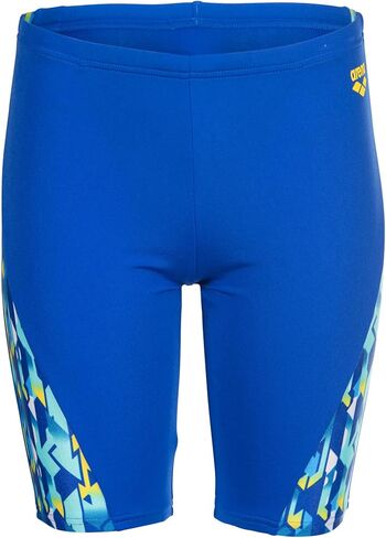 ARENA Performance Boys' Junior Print Swim Jammer Youth Trunks Internal Drawstring Training Bathing Suit Regular Frequent Competitive Swimmer, Neon Blue/Yellow Multi, US Size 10-12 Jr/28 in Saudi Arabia