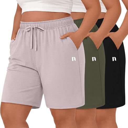 Neer 3 Pack Plus Size Women's Bermuda Shorts Cotton Drawstring High Waisted Casual Athletic Sweatpants Shorts with Pockets in Saudi Arabia