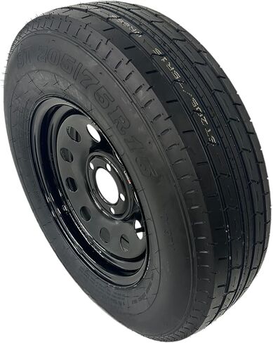 إطار ST205/75R15 TRAILQUEST RADIAL TRAILER على الحافة، نطاق الحمولة C 6 طبقات، على 5 عجلات سوداء اللون مع نمط مسمار مقاس 5X4.5 بوصة. يحل محل F78 أو D15 - يشمل الضمان in Saudi Arabia