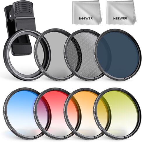 NEEWER Clip On 67mm Phone ND Filter Kit, Upgraded Lens Clip Cold Shoe Mount/Locking Knob, CPL/ND32/6 Point Star/4 Graduated Color Filters Set Compatible with iPhone 15 Pro Max 14 13 Samsung S22 S23 in Kuwait