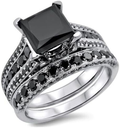 Jewels by Parijaat 2 Cttw Princess Cut Created Black Diamond Prong Set Wedding Bridal Ring with Band Set In 14K White Gold Over 925 Sterling Silver in Saudi Arabia