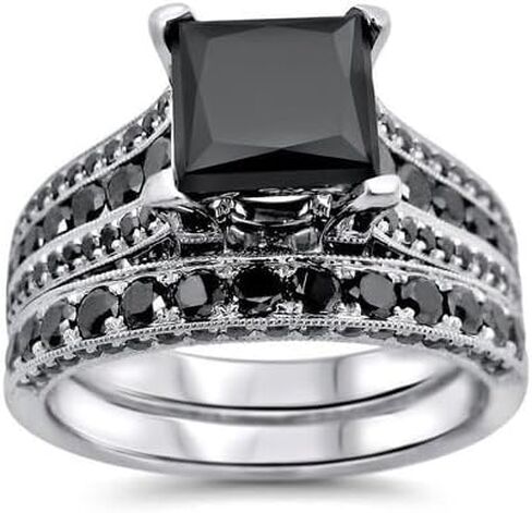 Jewels by Parijaat 2 Cttw Princess Cut Created Black Diamond Prong Set Wedding Bridal Ring with Band Set In 14K White Gold Over 925 Sterling Silver in Saudi Arabia