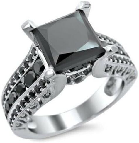 Jewels by Parijaat 2 Cttw Princess Cut Created Black Diamond Prong Set Wedding Bridal Ring with Band Set In 14K White Gold Over 925 Sterling Silver in Saudi Arabia