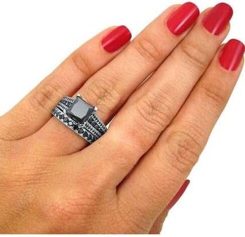 Jewels by Parijaat 2 Cttw Princess Cut Created Black Diamond Prong Set Wedding Bridal Ring with Band Set In 14K White Gold Over 925 Sterling Silver in Saudi Arabia