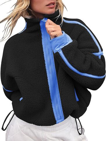 سترة نسائية بسحاب من الصوف سترات شيربا غامض تيدي كتلة الألوان معاطف كبيرة الحجم ملابس خارجية شتوية in Kuwait