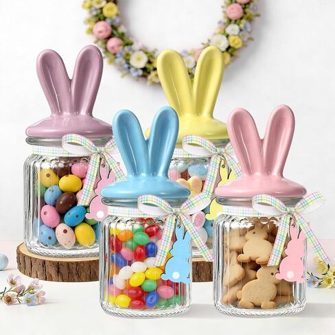 Easter Glass Jars with Bunny Ear Ceramic Lids - 4 Pcs Candy Jar Set | Spring Party Supplies & Easter Home Decor | Food Storage Canister | Gift Idea in Kuwait