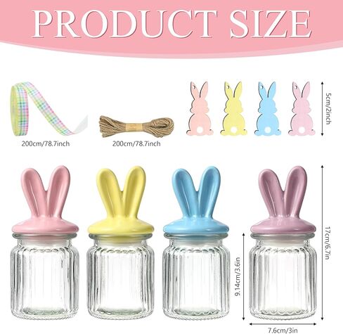 Easter Glass Jars with Bunny Ear Ceramic Lids - 4 Pcs Candy Jar Set | Spring Party Supplies & Easter Home Decor | Food Storage Canister | Gift Idea in Kuwait