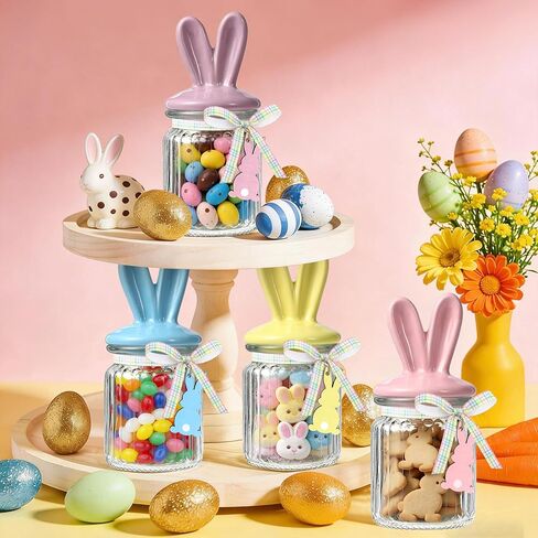 Easter Glass Jars with Bunny Ear Ceramic Lids - 4 Pcs Candy Jar Set | Spring Party Supplies & Easter Home Decor | Food Storage Canister | Gift Idea in Kuwait