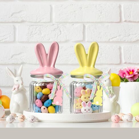 Easter Glass Jars with Bunny Ear Ceramic Lids - 4 Pcs Candy Jar Set | Spring Party Supplies & Easter Home Decor | Food Storage Canister | Gift Idea in Kuwait
