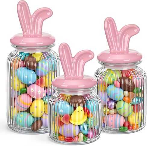 Easter Glass Jars with Airtight Lids Set of 3, 22oz, 34oz & 44oz Large Cookie Jar Set, Clear Candy Storage Canisters for Easter Party Gift Table & Countertop Decoration in Saudi Arabia