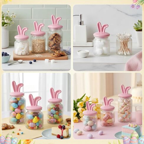 Easter Glass Jars with Airtight Lids Set of 3, 22oz, 34oz & 44oz Large Cookie Jar Set, Clear Candy Storage Canisters for Easter Party Gift Table & Countertop Decoration in Saudi Arabia