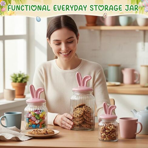 Easter Glass Jars with Airtight Lids Set of 3, 22oz, 34oz & 44oz Large Cookie Jar Set, Clear Candy Storage Canisters for Easter Party Gift Table & Countertop Decoration in Saudi Arabia