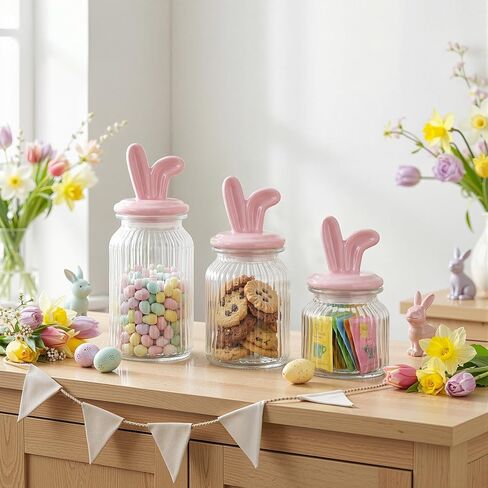 Easter Glass Jars with Airtight Lids Set of 3, 22oz, 34oz & 44oz Large Cookie Jar Set, Clear Candy Storage Canisters for Easter Party Gift Table & Countertop Decoration in Saudi Arabia