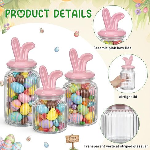 Easter Glass Jars with Airtight Lids Set of 3, 22oz, 34oz & 44oz Large Cookie Jar Set, Clear Candy Storage Canisters for Easter Party Gift Table & Countertop Decoration in Saudi Arabia