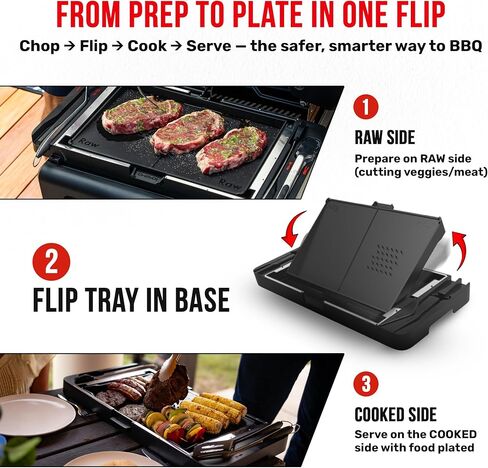 Grillbot FlipTray Dual-Sided Grilling Prep and Serving Tray - Raw/Cooked Food Separation, BBQ Grill Carry System Tray, Built-in Stainless Tools, BPA-Free, Dishwasher Safe, Tray for Outdoor Grill in Saudi Arabia